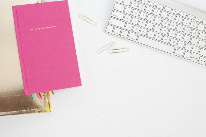 Pink Notebook Desk Flat Lay Photo