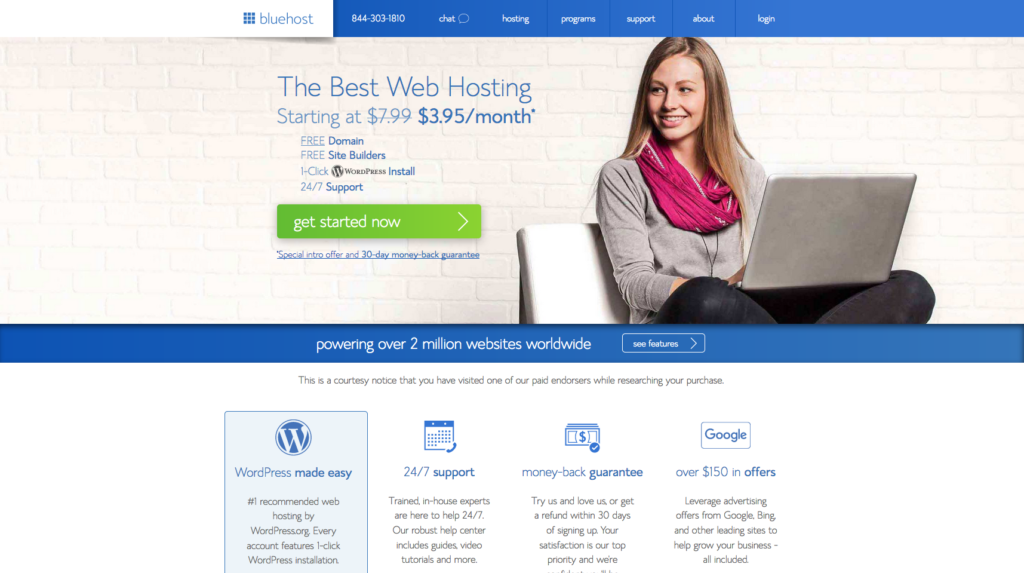 Homepage of Bluehost
