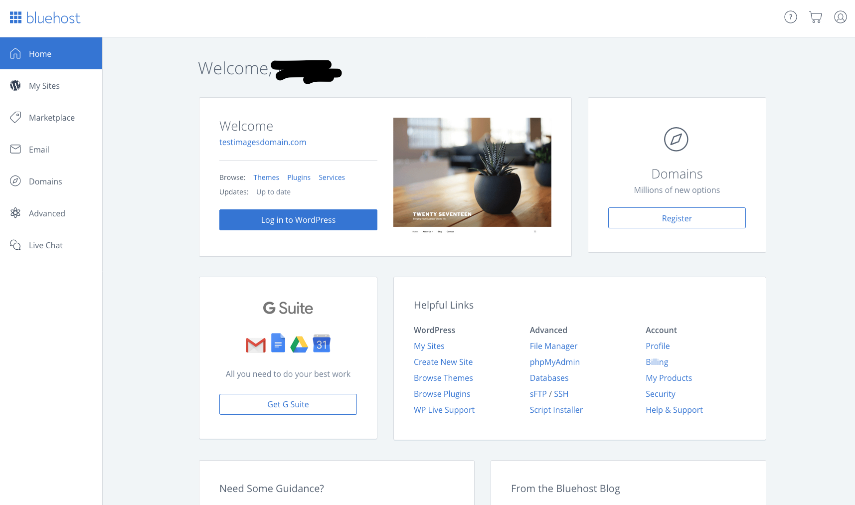 Welcome screen of Bluehost