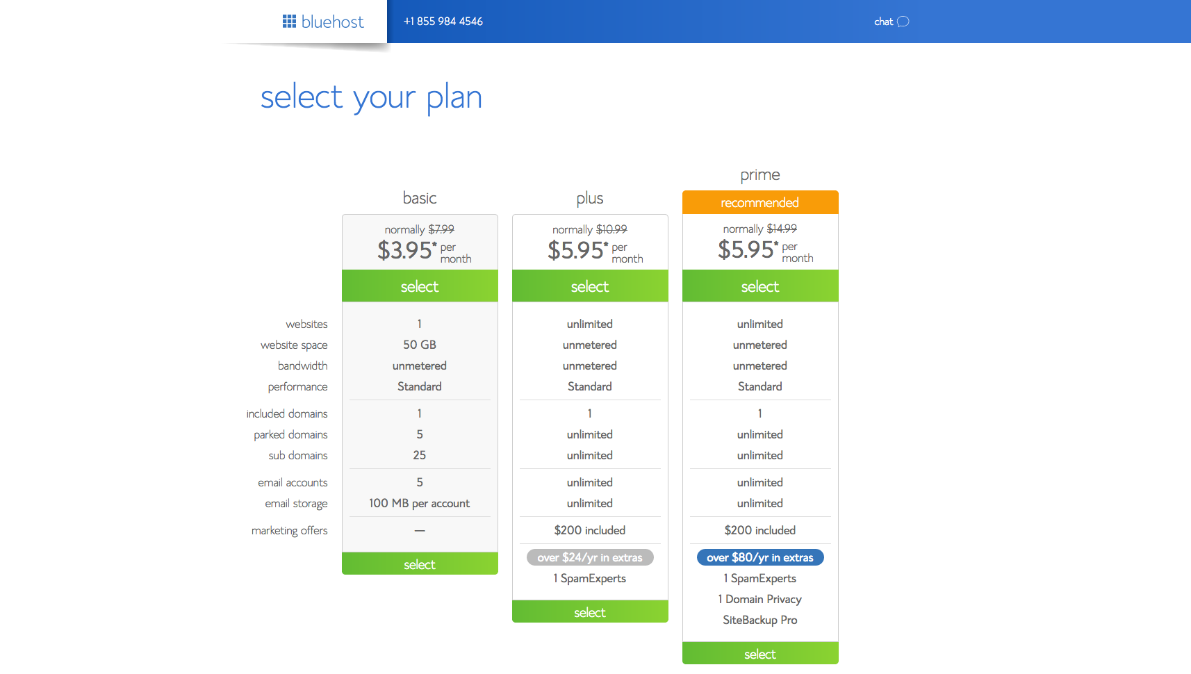 Bluehost selecting a plan